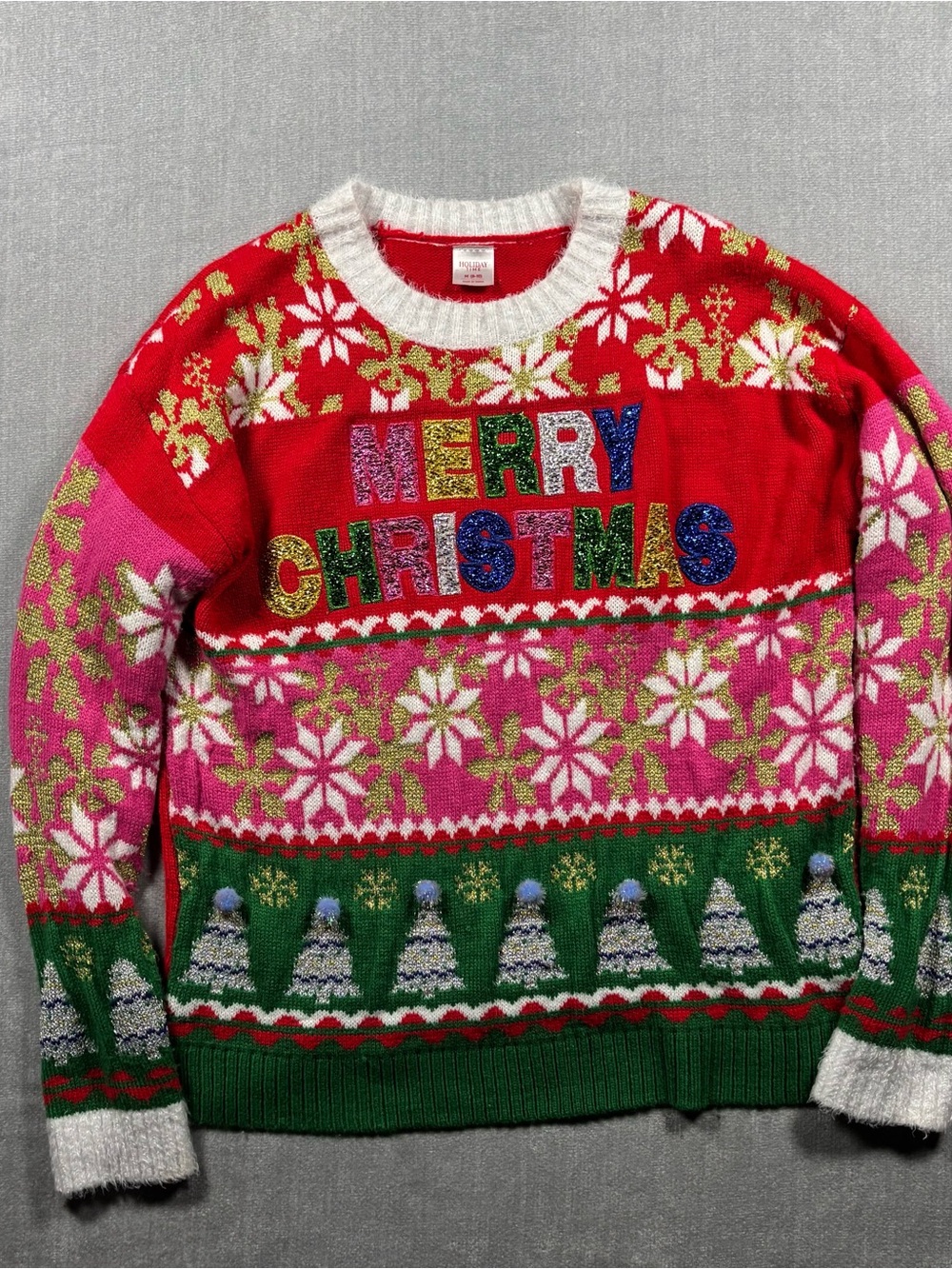 Holiday Time Merry Christmas Crewneck Sweater - Red, Pink & Green
